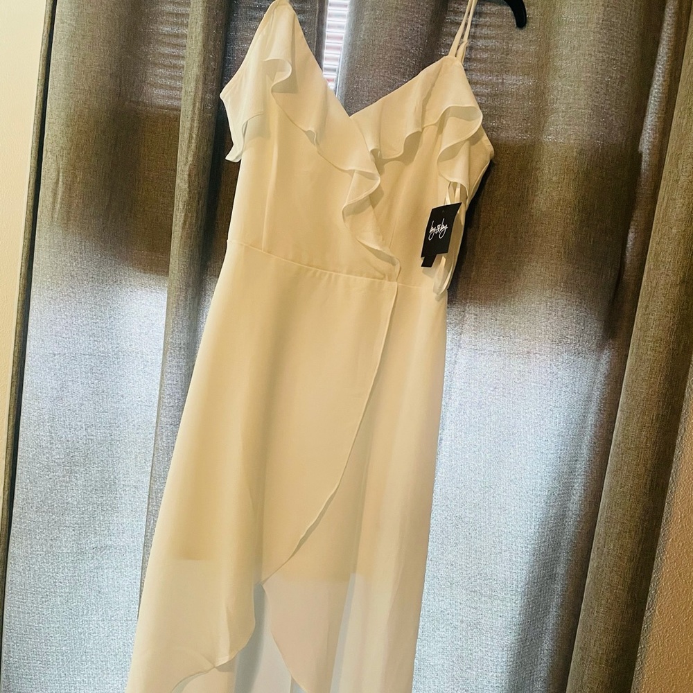 by & by juniors high low wrap dress